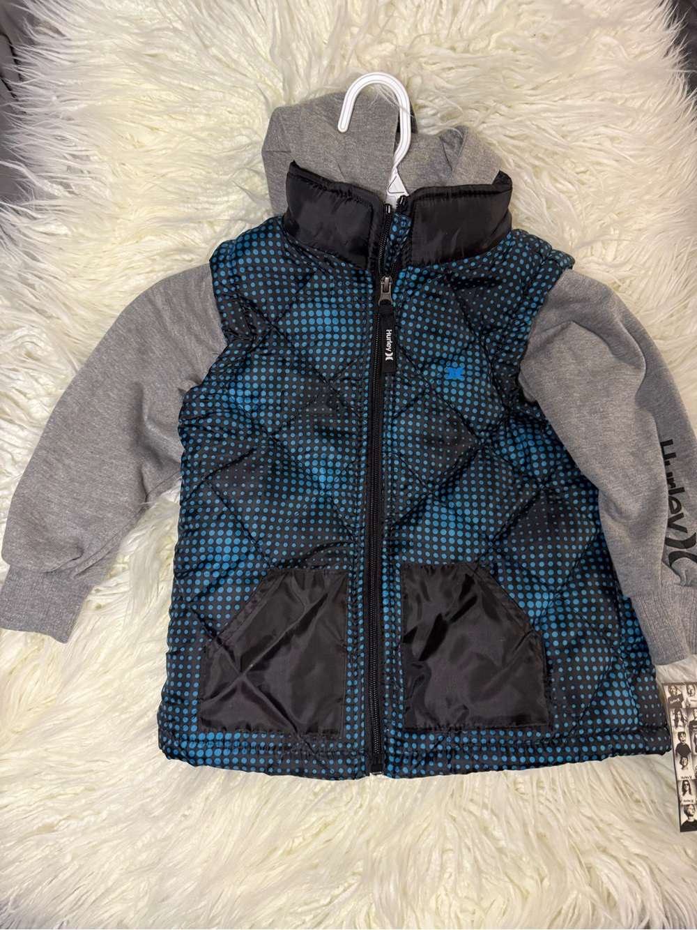 NWT Hurley Blue and Black Dot Puffer Hoodie Jacket for Kids